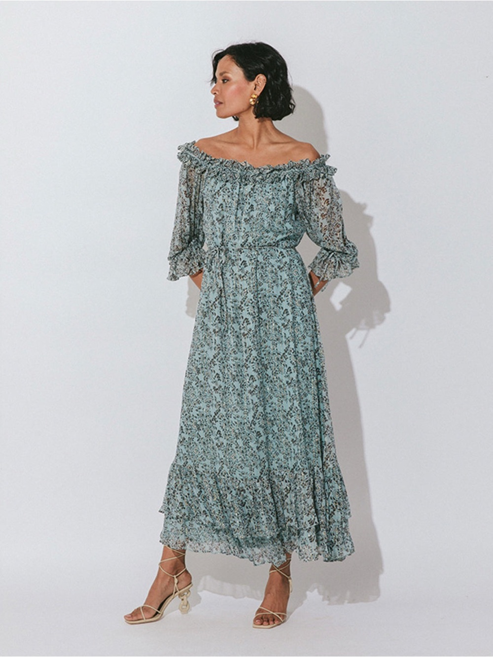 CleoBella Blue Floral Livia Ankle Midi Dress Off Shoulder Medium